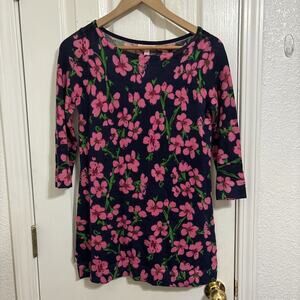 Lilly Pulitzer Merino Wool Tunic Navy Blue Sweater with Pink Flowers Sz S